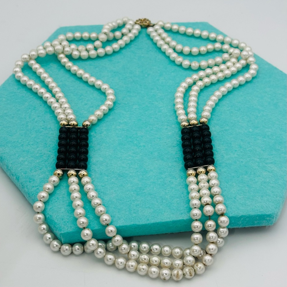 Elegant White Faux Pearl Multi-Strand Vintage Necklace with Black Accent Beads